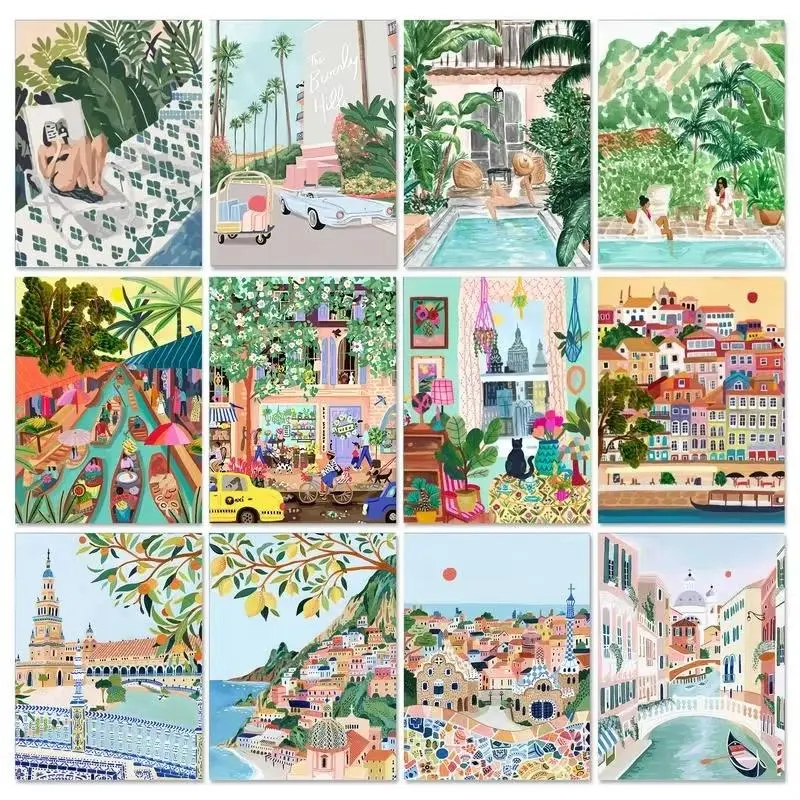 Paint by Numbers for Adults with Stretched Canvas Frame 16x20 Inch 40x50cm DIY Acrylic Oil Painting Kit Summer Vacation Pool Palm Tree Tropical Beach Coast Town Wall Art Crafts Aesthetic Room Decor Birthday Gifts Pre-framed Paint by Number Kit