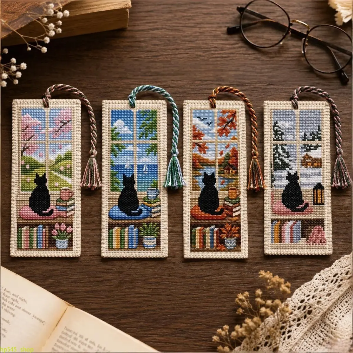 Seasonal Cat Cross Stitch Bookmark Kit, DIY Hand Embroidery Season Kitten Pattern Book Marker Set For Craft Lovers, Complete Supplies With Clear Printed Chart, Vibrant Colorfast Thread Not Easy To Fade Or Tangled, Lightweight Finished Craft Perfect For Re