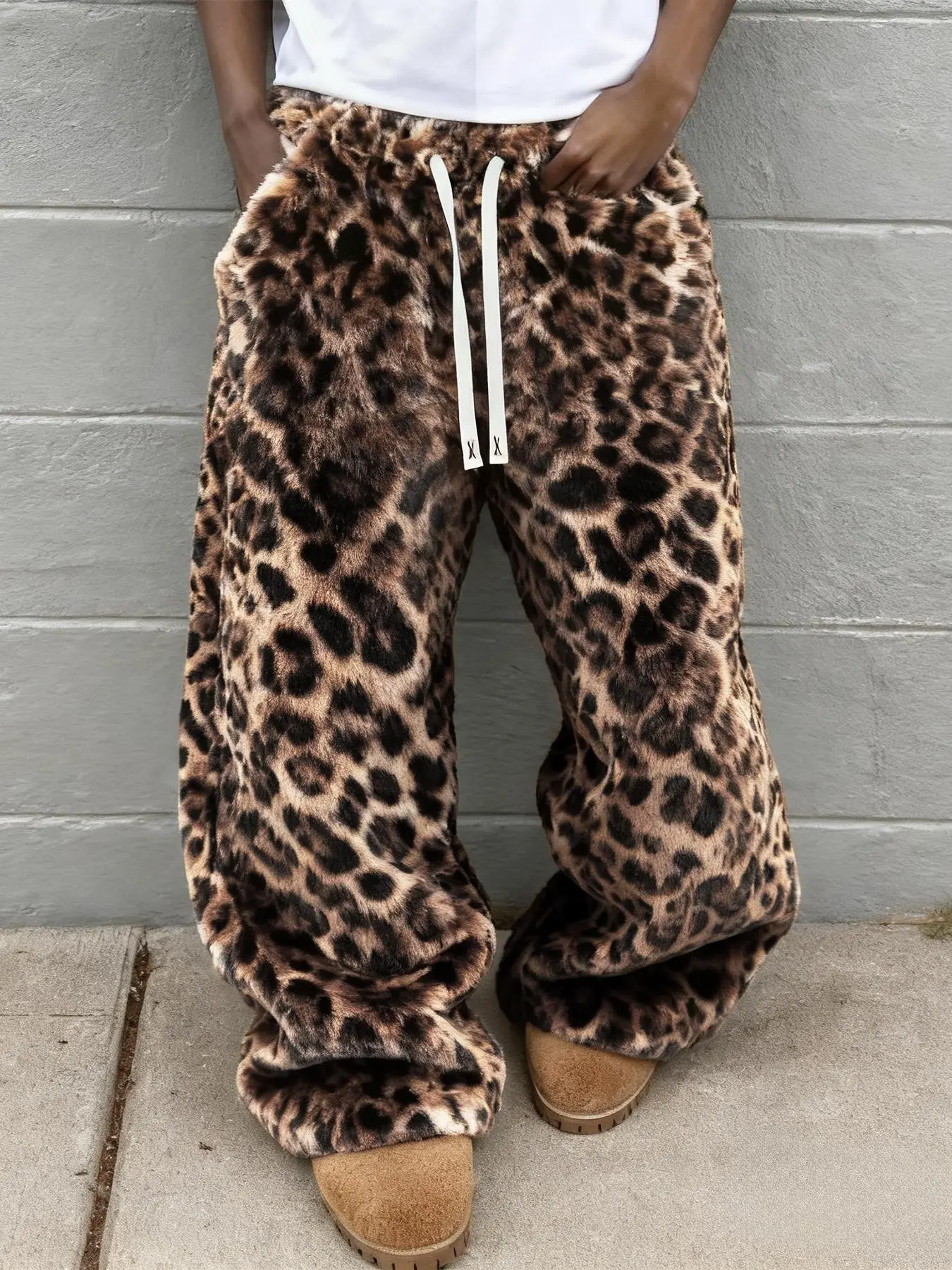 Unisex Leopard Print Faux Fur Wide Leg Baggy Drawstring Fit Pants Bottom Y2K Retro Streetwear Casual Floor-Length Trousers