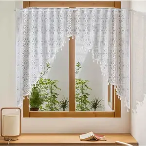 Boho Swag Valances with Tassels for Windows, Rustic Floral Lace Toppers Semi Sheer Window Treatments for Living Room,,Half Window, White