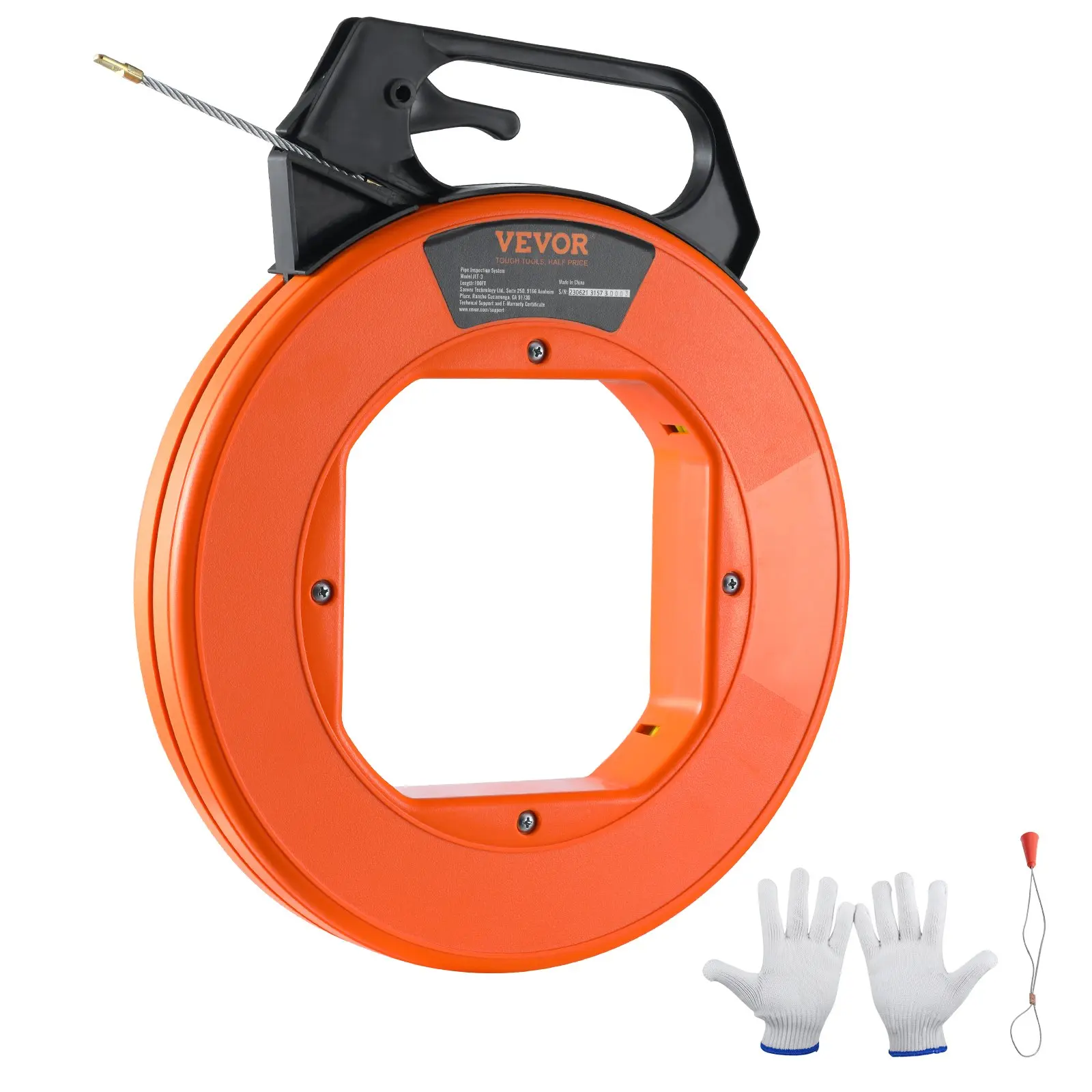VEVOR Fish Tape, 100 ft 3/16-in Fiberglass Cable Guide with Enhanced Casing & Grip, User-Friendly Wire Routing Instrument, Bendable Insulating Wiring Aid for Walls, Steel Accessory with Cotton Gloves for Commercial Zones & Cozy Homes