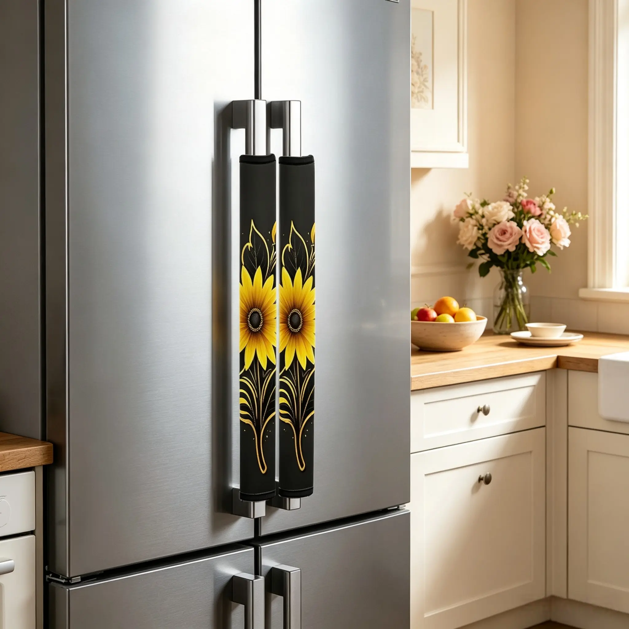 2pcs Sunflower Pattern Handle Decor Set, Kitchen Appliance Handles, Fits Refrigerator, Microwave, Oven, Dishwasher,