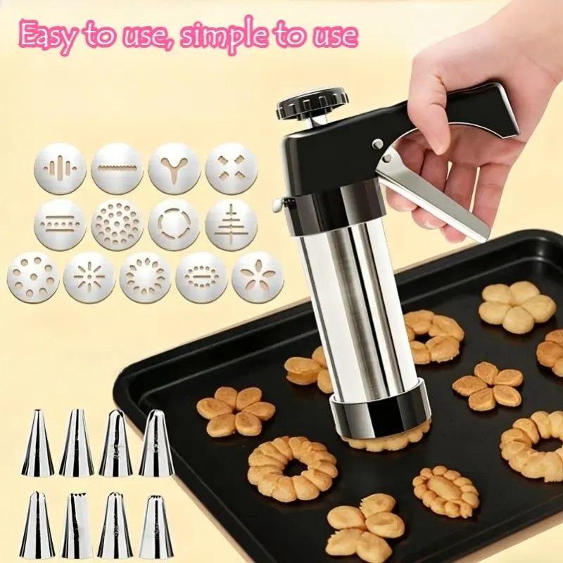 22pcs(1 Cookie Machine+13 Molds+8 Mounting Nozzles) Random Style Set, Stainless Steel Manual Cookie Gun Set, Pattern Mold Mounting Nozzle, Household Baking Tool, Food Grade Cookie Press Machine, Multifunctional Cream Mounting Device, Easy to Operate