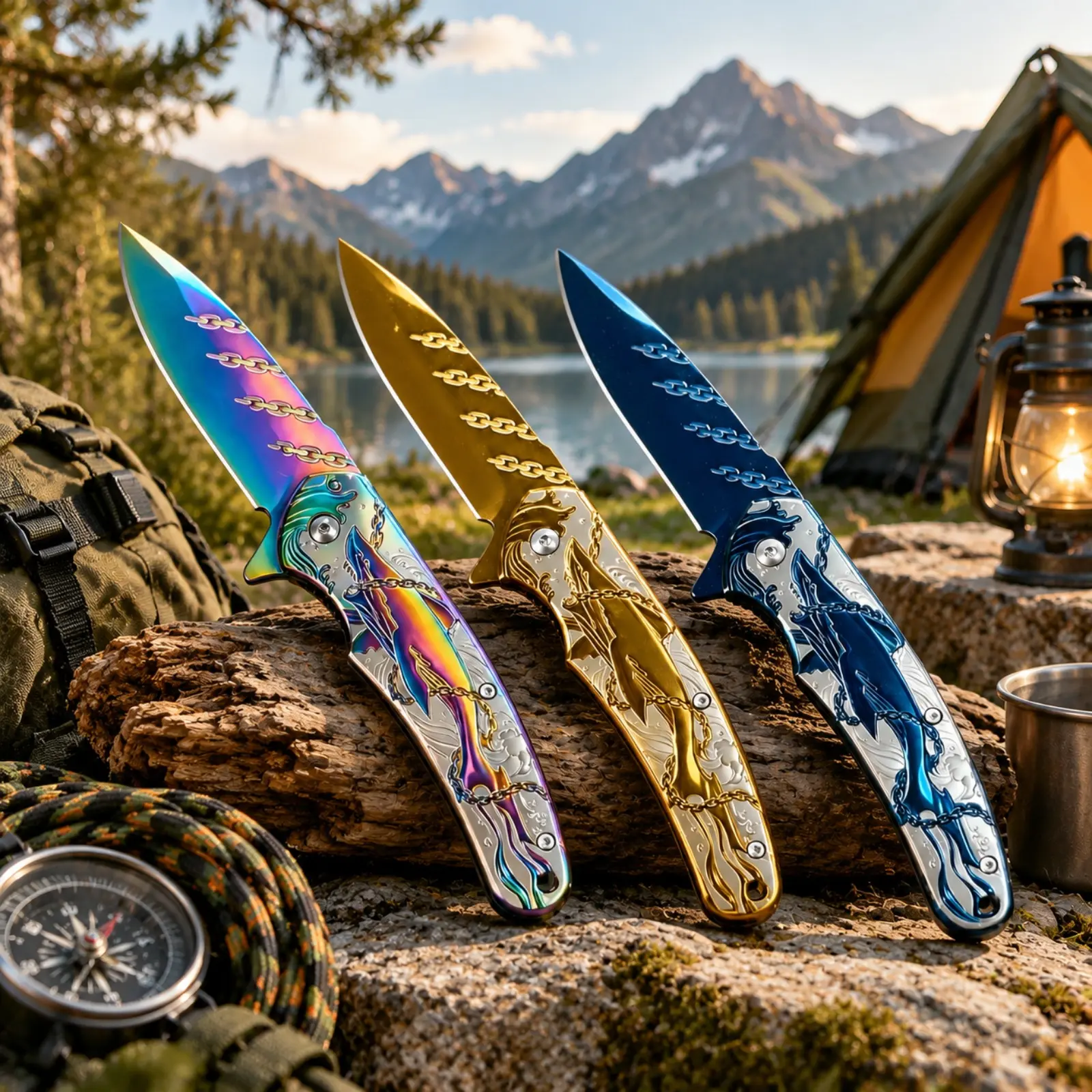 Outdoor Manual Folding Knife 3D Shark Relief Pattern Metal EDC Folding Knife for Camping Fishing Men Gift