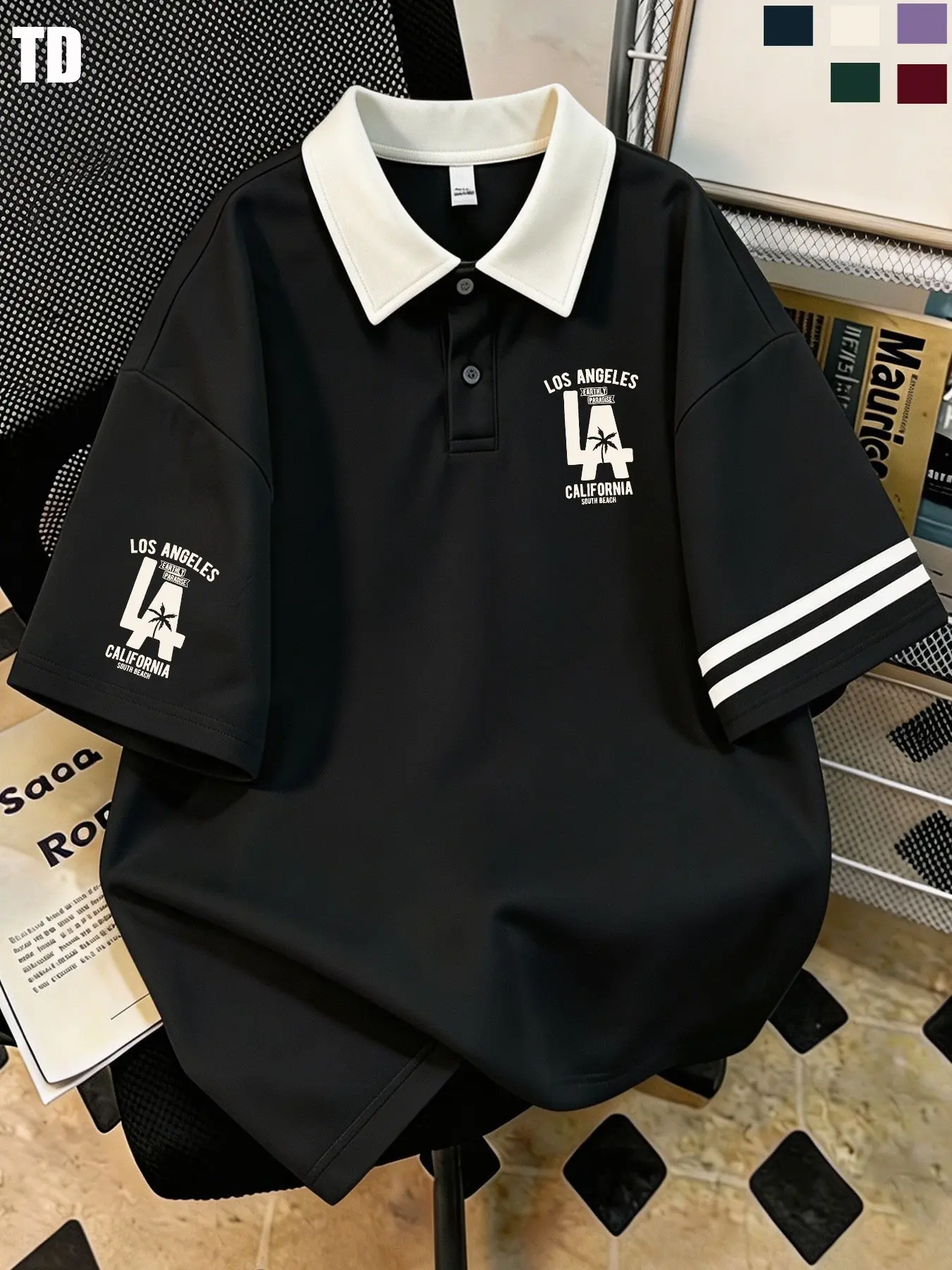 Td Los Angeles California Letter Print Polo Shirt, Unisex Fitted Blouse, Casual Patchwork Design, Multiple Colors Available