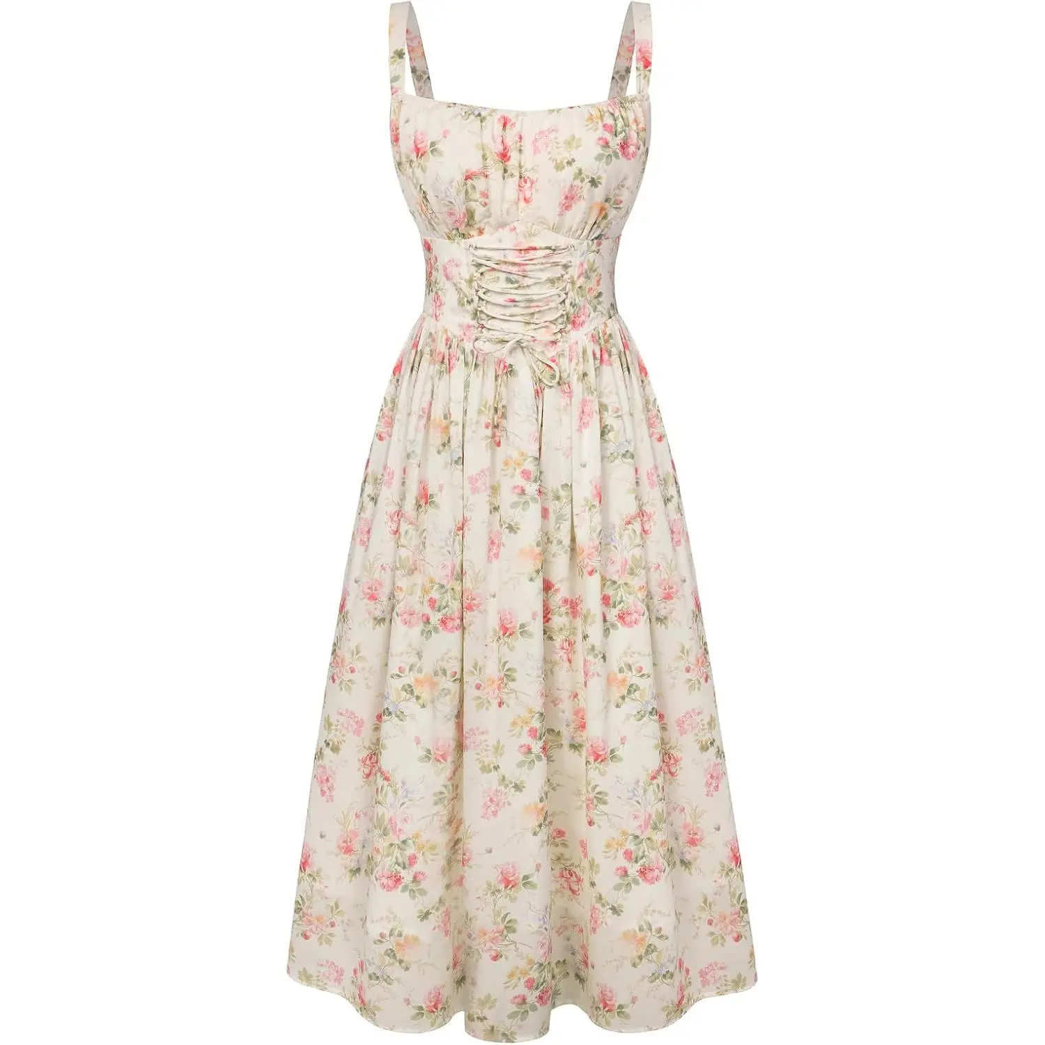 Women's Smocked Adjustable Chiffon Corset Milkmaid Dress - Lightweight Summer Wedding Guest Sundress with Pockets, Beach-Ready, Breathable, Casual, Fabric, Lace, Fit, Floral, Lady, Sleeveless, Elastane