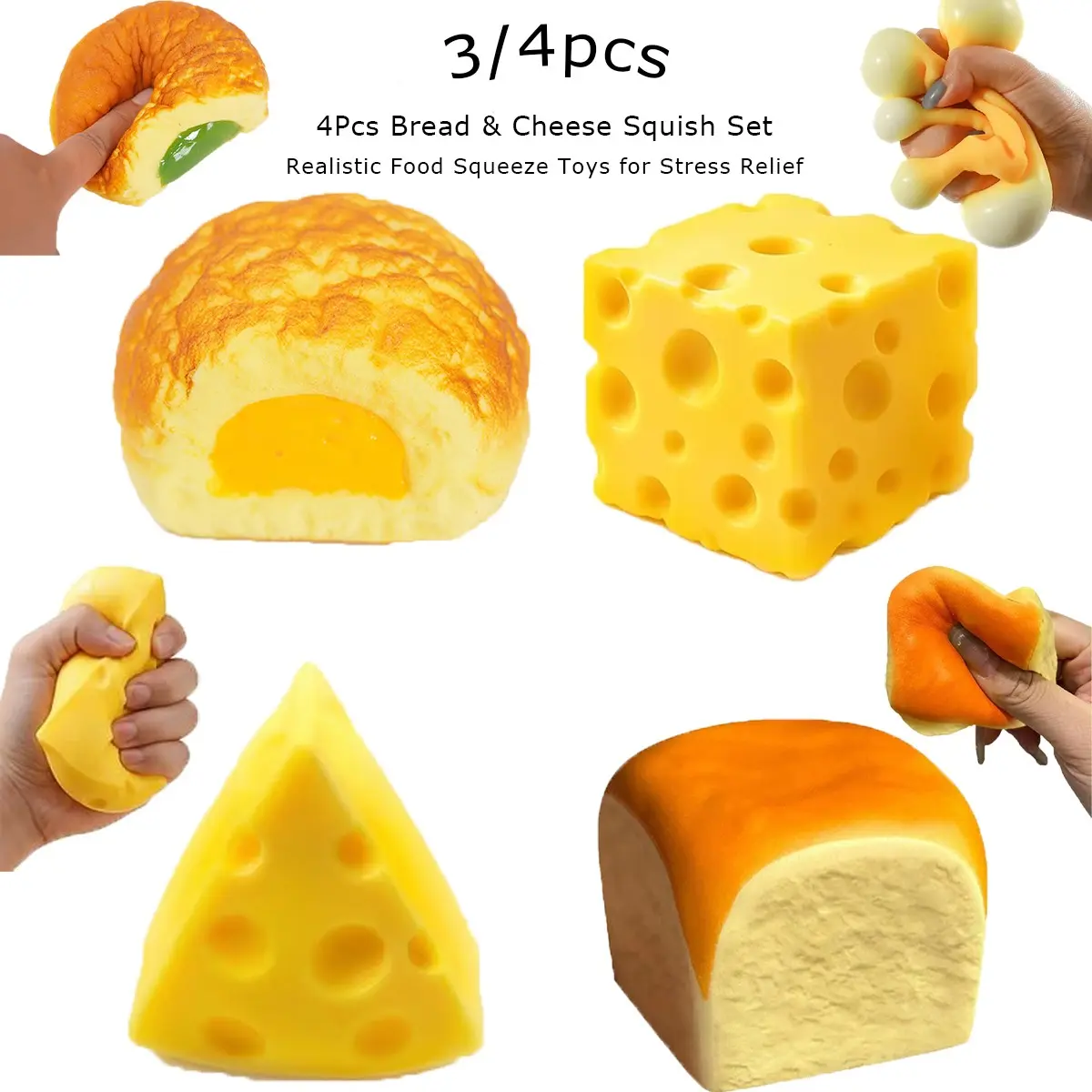 2026 New Novelty Food Squeeze Toy Set 3/4pcs, Realistic Bread & Cheese Slow Rebound Squish Toys, Portable Anxiety Relief Sensory Toys for Daily Relax, School Office & Desktop Decor