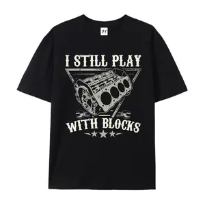 Unisex Vintage Distressed Engine Block Graphic T-Shirt, I Still Play With Blocks Funny Mechanic Car Guy Slogan Casual Tee for Auto Repair Enthusiasts Gearhead Men Women Garage Daily Outfit