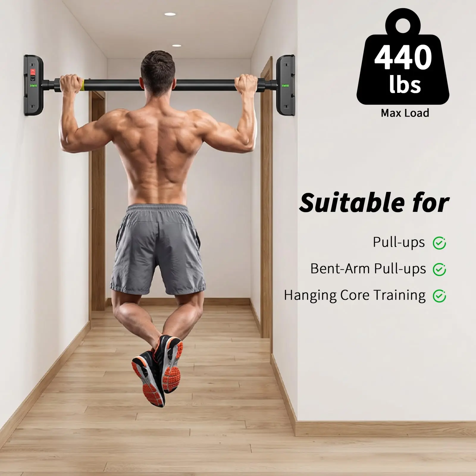 Adjustable Pull Up Bar for Doorway – No-Drill Installation, 72–110cm Fit, 200kg Capacity, 30mm Non-Slip Foam Grips, Carbon Steel, Double Gear Lock, Level Included, Black