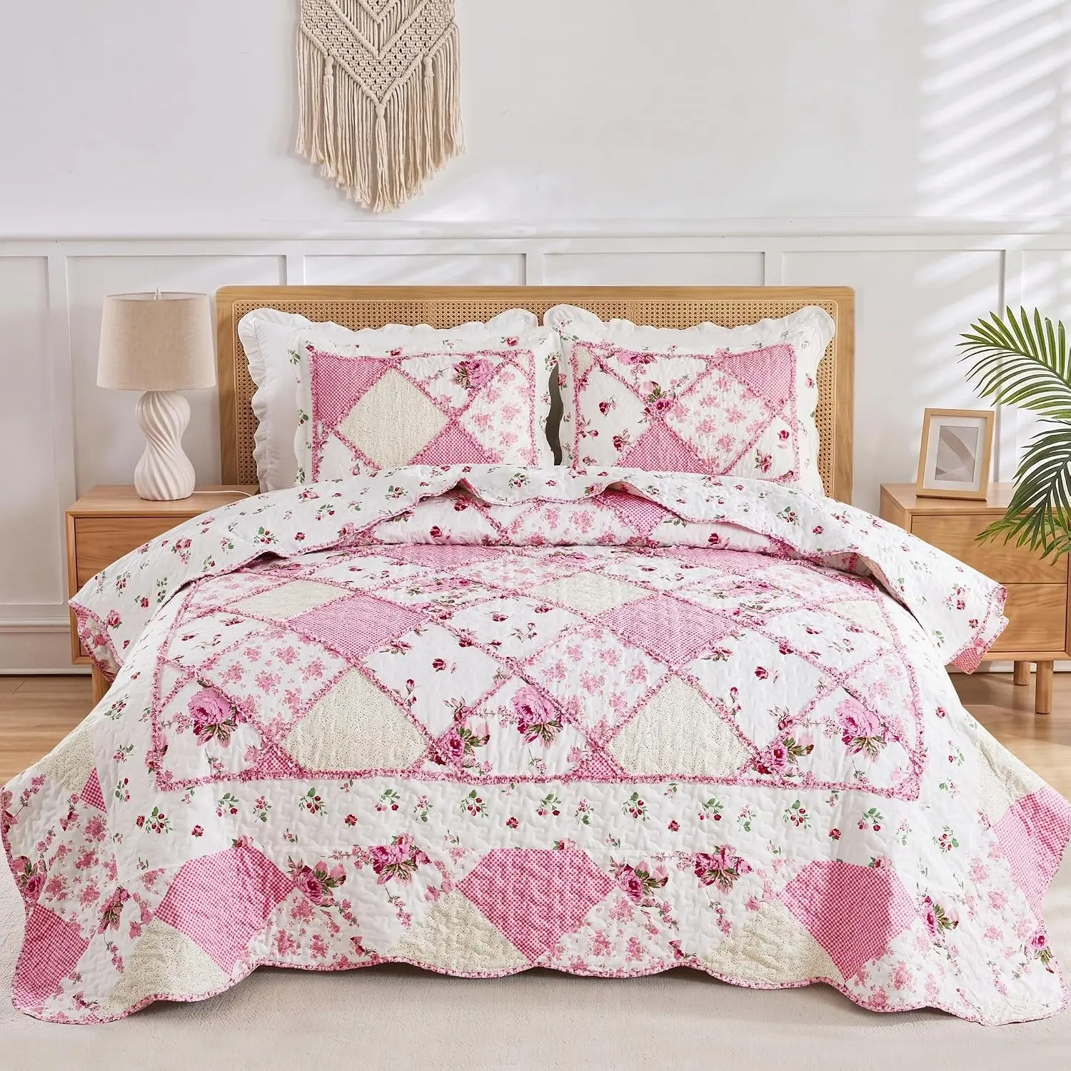 Full/Queen Size Quilt Set Pink Floral Patchwork Bedspreads Coverlet Set 3-Piece Reversible Floral Bedding Set Lightweight Comforter Queen Bed Sheet Set Cover Blanket with 2 Pillow Shams
