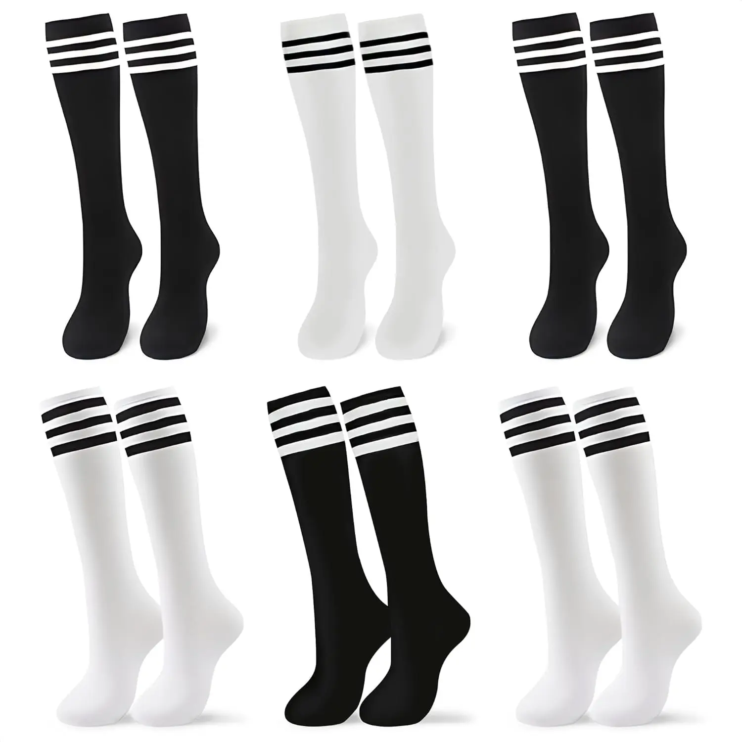 6-Pack Teen Knee High Socks - Black and White Triple Stripe Volleyball Tube Socks, 15 Inch Long Cute Striped Socks for Sports