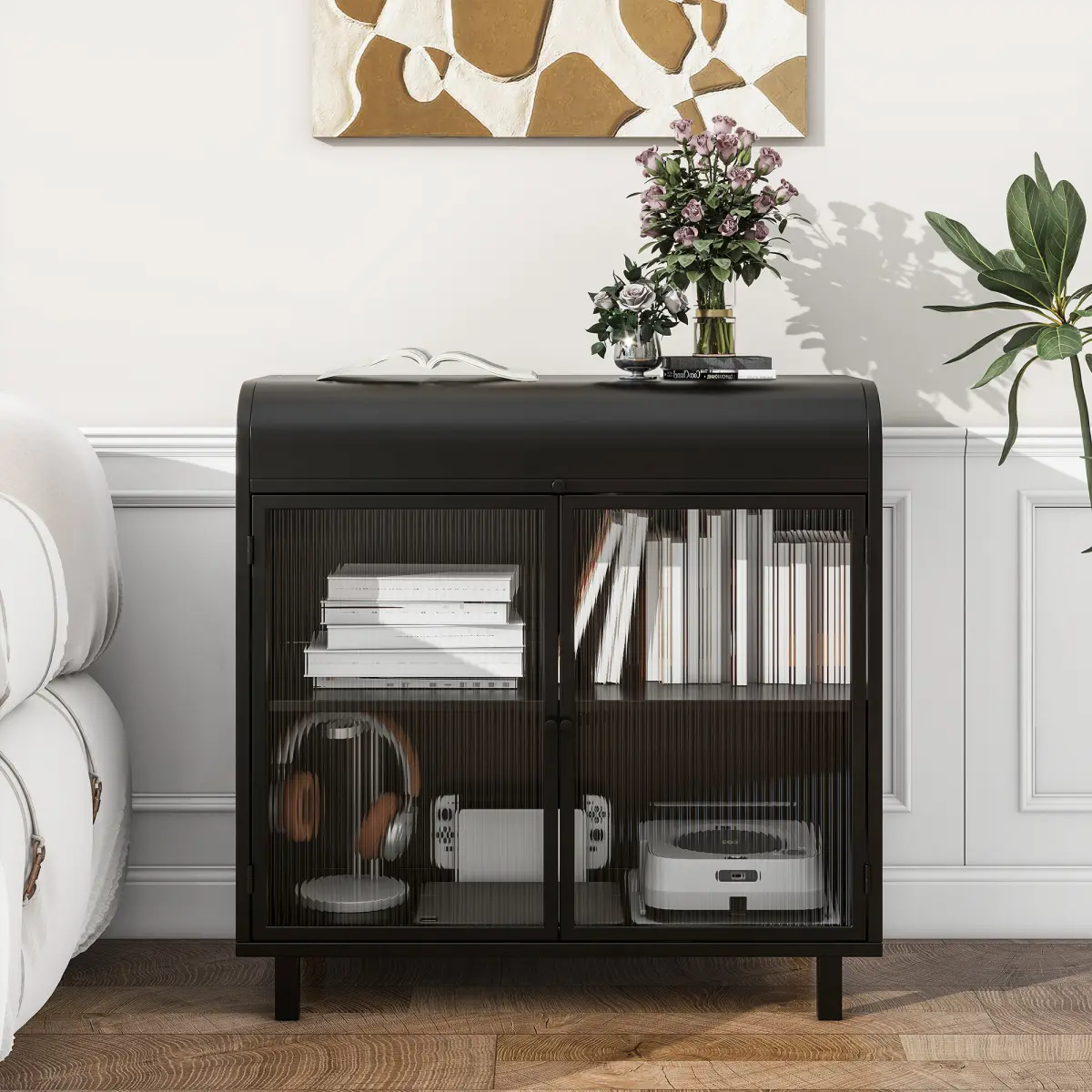 Antique Black Steel Sideboard Buffet Cabinet, Tempered Figured Glass Doors Flip Top 2-Tier Storage Console, Adjustable Feet Space Saving Accent Cabinet for Kitchen Entryway Living Room