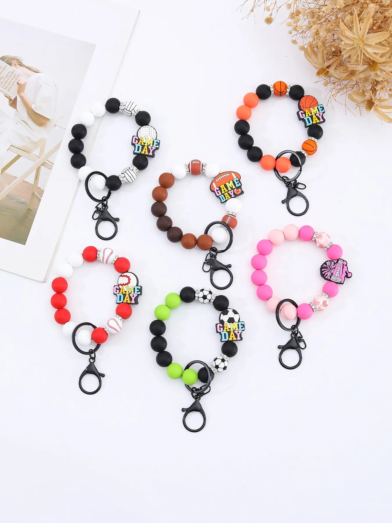 Sports Fan Wristband Keychain, Game Day Cartoon Sports Pendant, Basketball Baseball Football Cheerleading Elements, Silicone Bead Bracelet Keyring