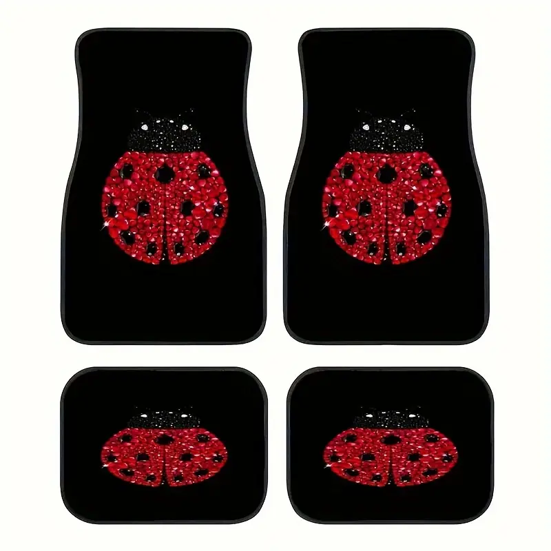 4pcs Seven-spotted Ladybug Print Car Floor Mats Set- Front& Rear Full Coverage Auto Interior Accessories, Car Accessory, Crystal Velvet Vehicles Floor Mats Carmats Suitable for Sedans, Vans, Suvs
