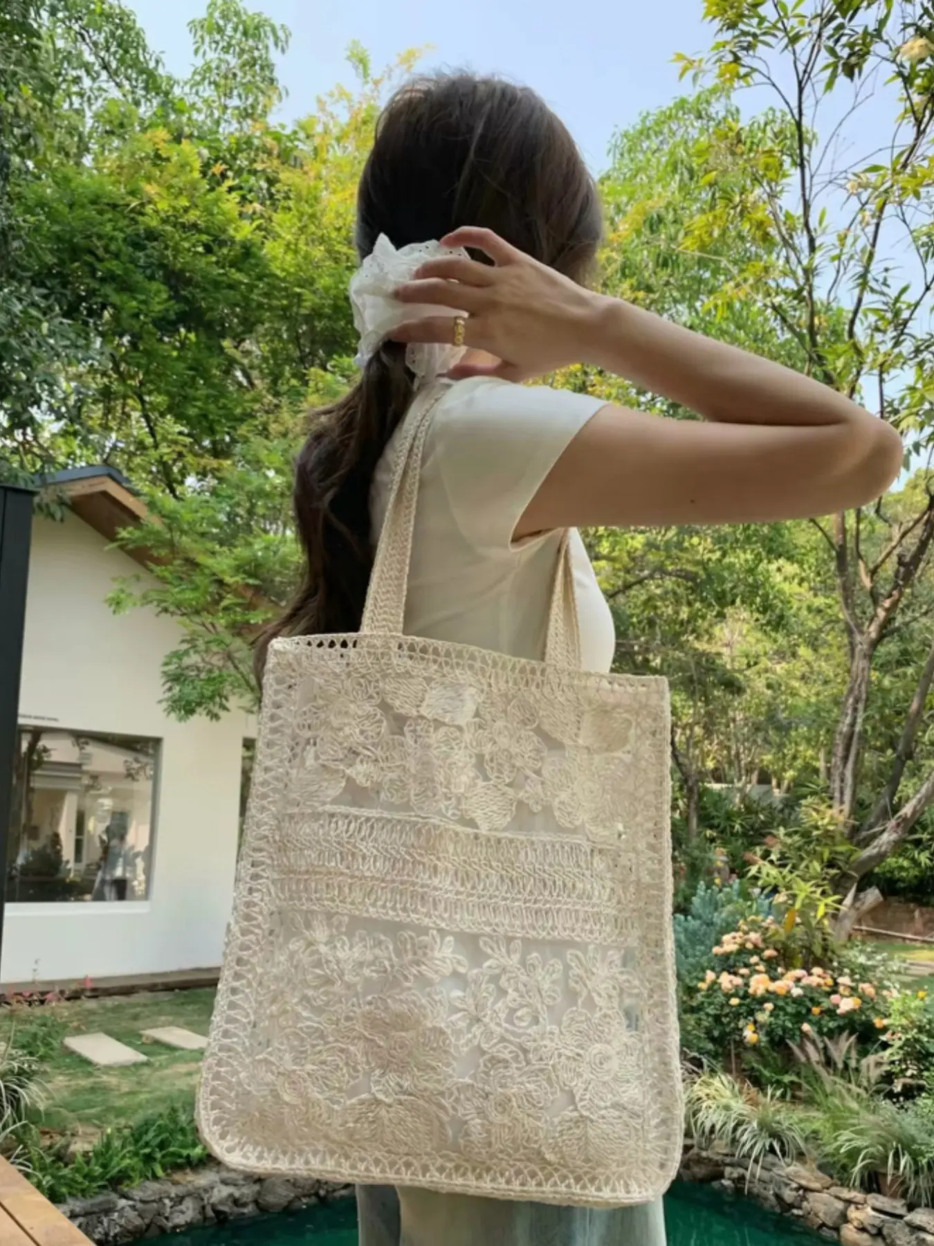 Aesthetic Crochet Floral Lace Tote Bag Boho Embroidered Shoulder Purse for Women