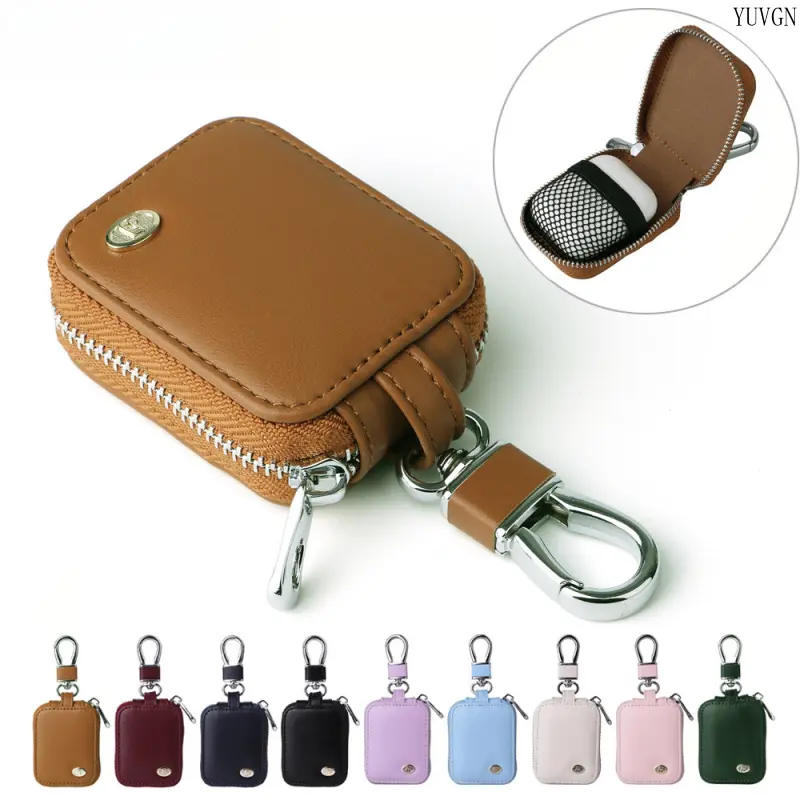 PU Leather Storage Pouch, Mini Round Zippered Protective Case with Carabiner Hook, Portable Keychain Bag for Earbuds, Audio, Headset, Small