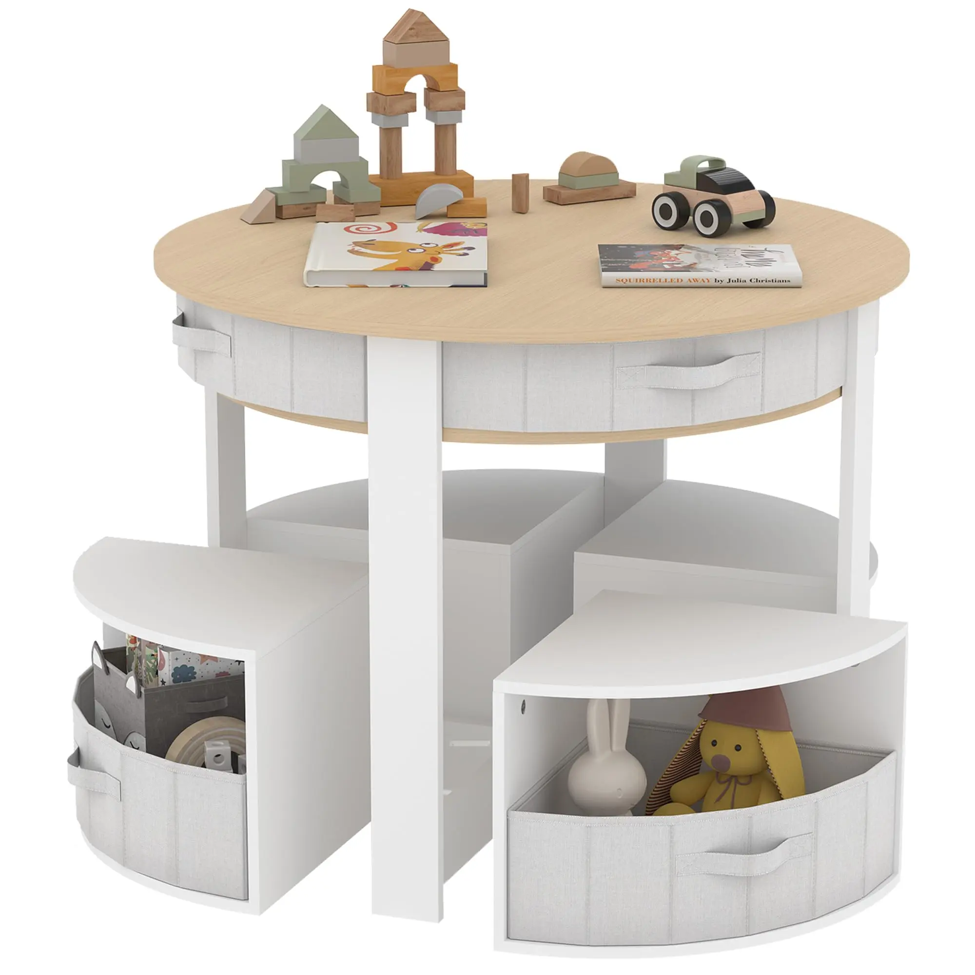 Space-Saving 5-Piece Kids Activity Table and Chair Set – Wooden Round Table with 4 Storage Stools, Fabric Drawers, Nesting Design for Toddlers, Ideal for Play, Art, Craft, and Reading