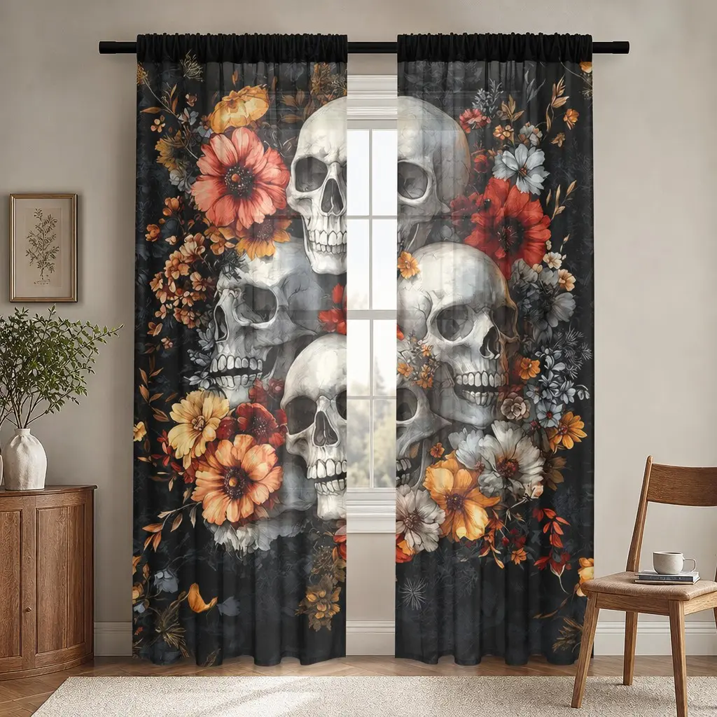 2-Pack Gothic Floral Skull Curtains, Vintage Wildflowers & Multiple Skulls, Semi-Transparent Background, Halloween Decor for Bedroom, Living Room, Gaming Room