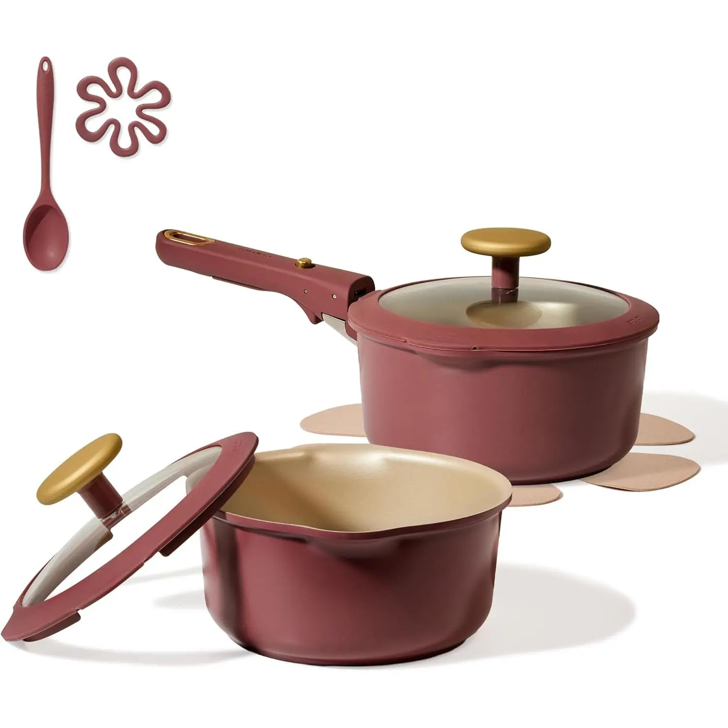 Burgundy Nonstick Reinforced Saucepan Set (2.0Qt & 3.0Qt) with Lids, Pour Spouts, Detachable Handles, Induction Compatible for Indoor Recreation Cooking, Gift, Sauce Pan Sets, With Handle, Cookware, Two Pots