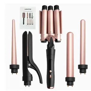 5 in 1 Curling Iron Set, Multi Hair Styler with Interchangeable Barrels, Curling Wand Set with Flat Iron Hair Straightener, Fast Heat Hair Curler Waver with Glove & Clips, Women Gifts (Rose Gold)