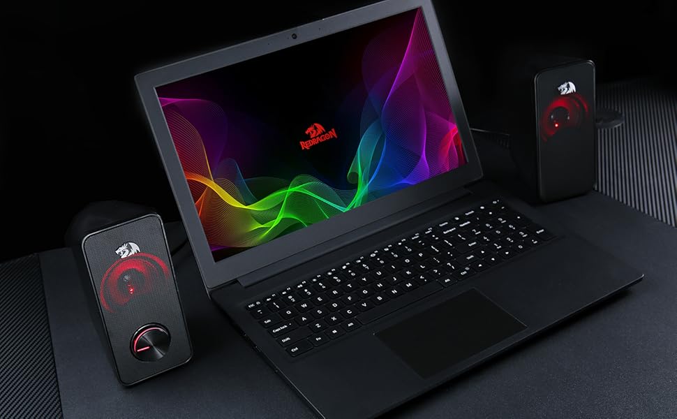 Redragon GS500 Stentor PC Gaming Audio Speaker, 2.0 Channel Stereo Desktop Computer Speaker with Red Backlight, Quality Bass and Crystal Clear Sound, USB Powered with a 3.5mm Connector