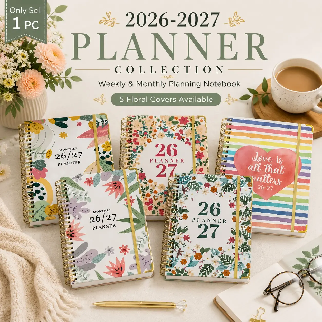 1 Pack Planner 2026-2027 Hardcover Academic Calendar Planner, Weekly And Monthly Agenda Notebook With Colorful Tabs, Floral Style Planning Organizer July 2026 - June 2027, For Office, School And Daily Scheduling