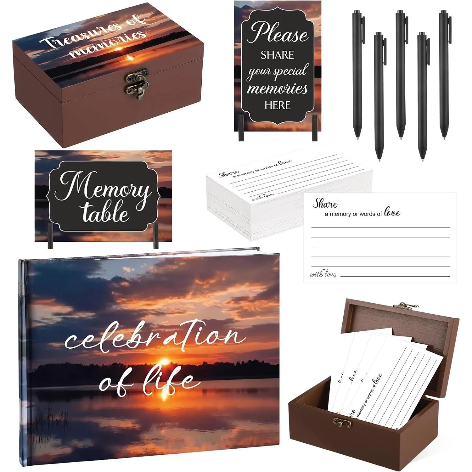 Celebration of Life Guest Book Set - Share a Memory Funeral Decorations, 100Pcs Funeral Cards 2 Wood Sign 1 Keepsake Box with 5 Pens for Memorial Service (Dusk, View)