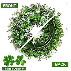 St. Patrick's Day 17.7’’ Shamrocks Wreath with 30 Green Lights Artificial Greenery Clover Wreath for Wall, Window, and Indoor Home Decor Ornaments Decoration Deer