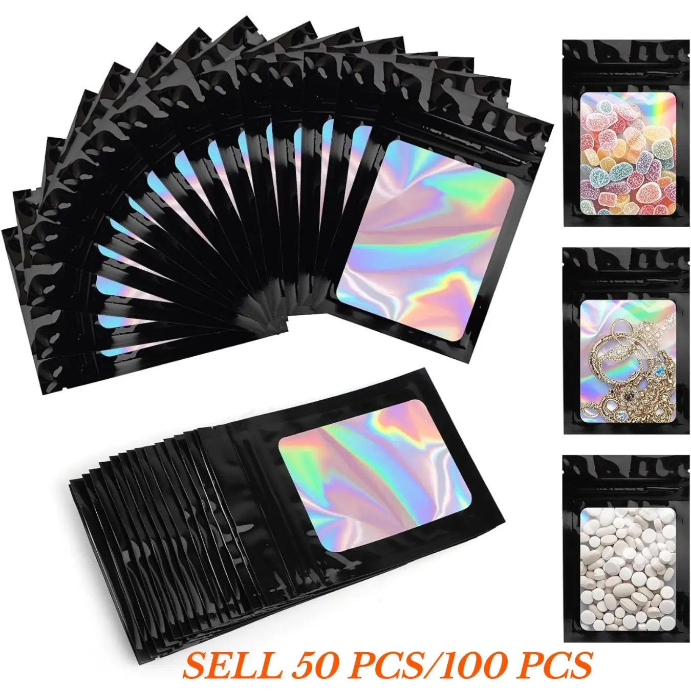 50 or 100 Black Polyester Film Holographic Bags Resealable Sealable — Small Ziplock Bags for Food Candy Jewelry Party Gifts Black,Christmas gift wrapping