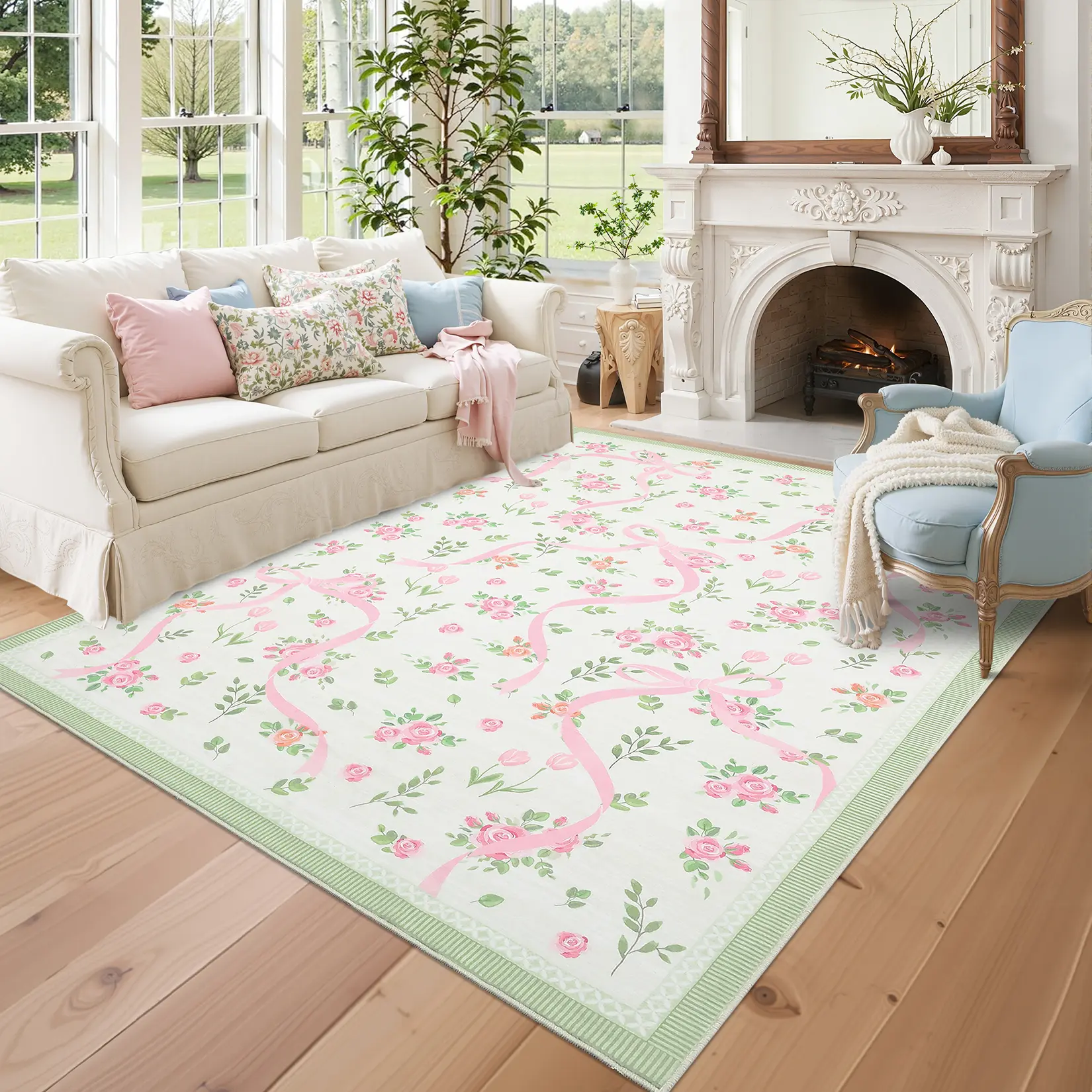 Washable Modern Floral Area Rug for Girls Bedroom, Soft Non Slip Large Living Room Rug with Bow Print Ultra Thin Non Shedding Nursery Rugs Low Pile Stain Resistant Floor Carpet for Farmhouse Home Office