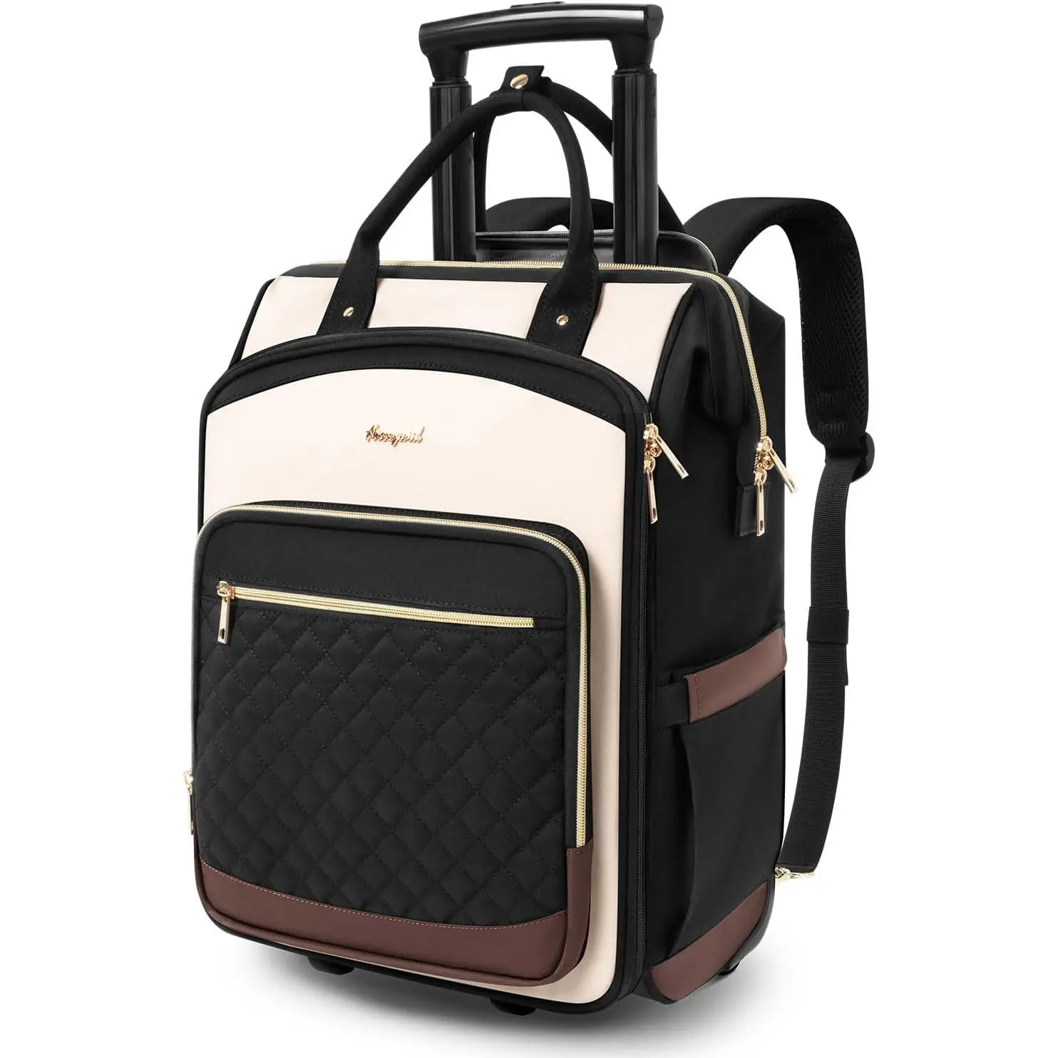 Rolling Backpack for Women, Travel Backpack with Wheels, -Opening Wheeled Laptop Backpack, Stylish Rolling Laptop Bag, Overnight Underseat Carry  Luggage for College Business Work, Beige Brown