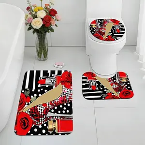 3pc Black White Stripe Rose High Heel Area Rug Set, Cozy Machine Washable Floor Mats for Bathroom Entryway Living Room, Non-Shedding & Easy Care, Artistic Illustration Home Gift Idea