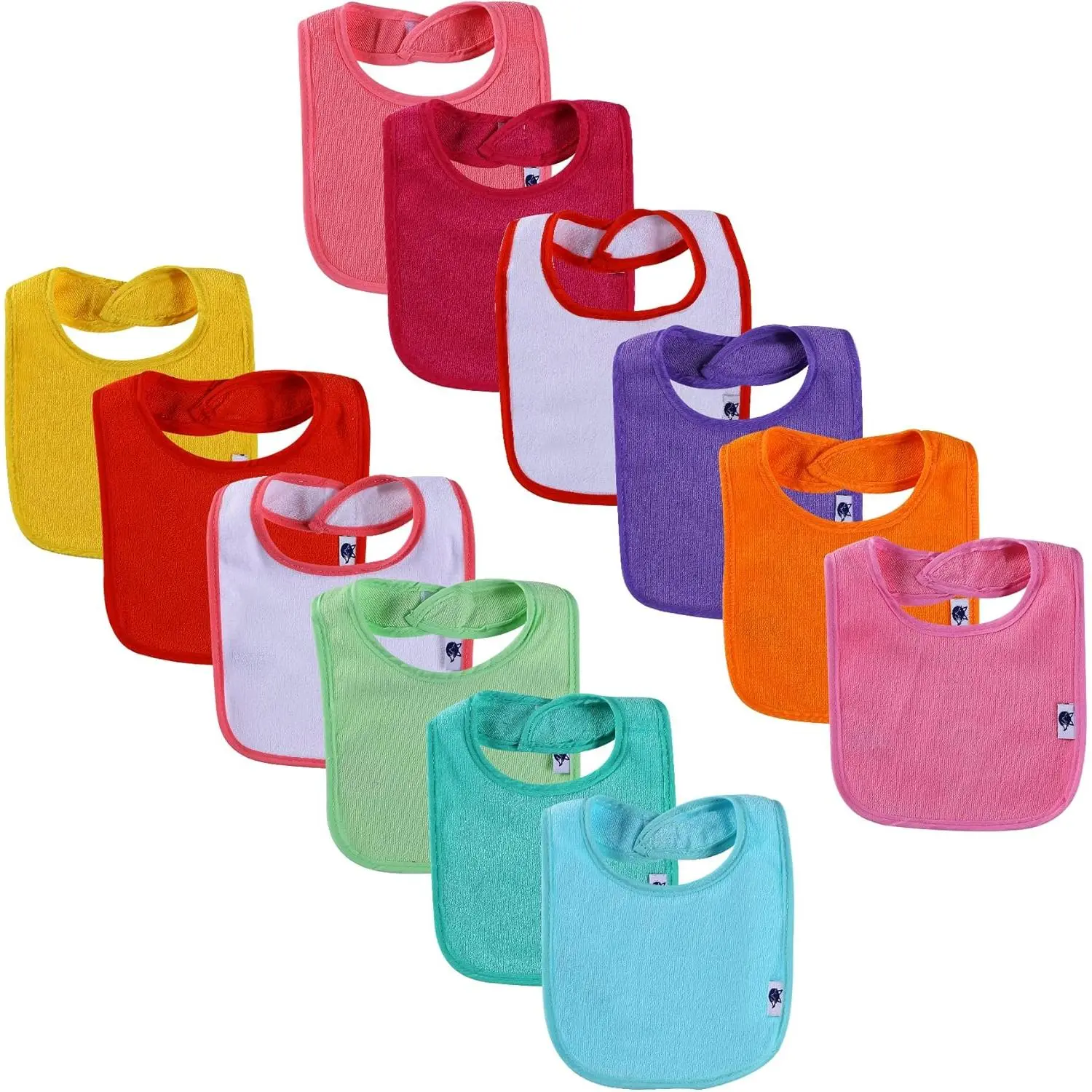 Unisex Terry Cotton Drool Bibs, 12-Pack Reusable Fiber-Filled Spillproof Slobber Stopper Teething Safe Bibs & Burp Cloths for 0-3 Years Babies Feeding Protection