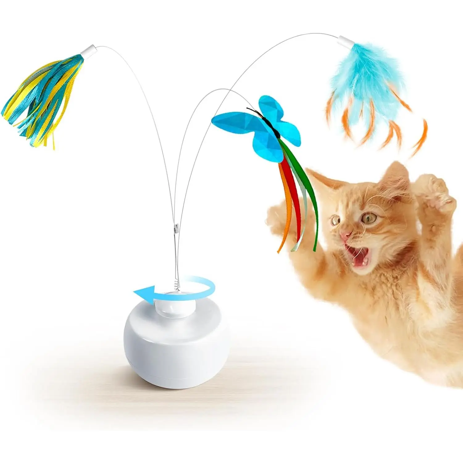 Automatic Spinning Cat Feather Toy - Smart Touch-Activated Interactive Toy with 3 Replacement Accessories, Feather Toy Interactive Toys