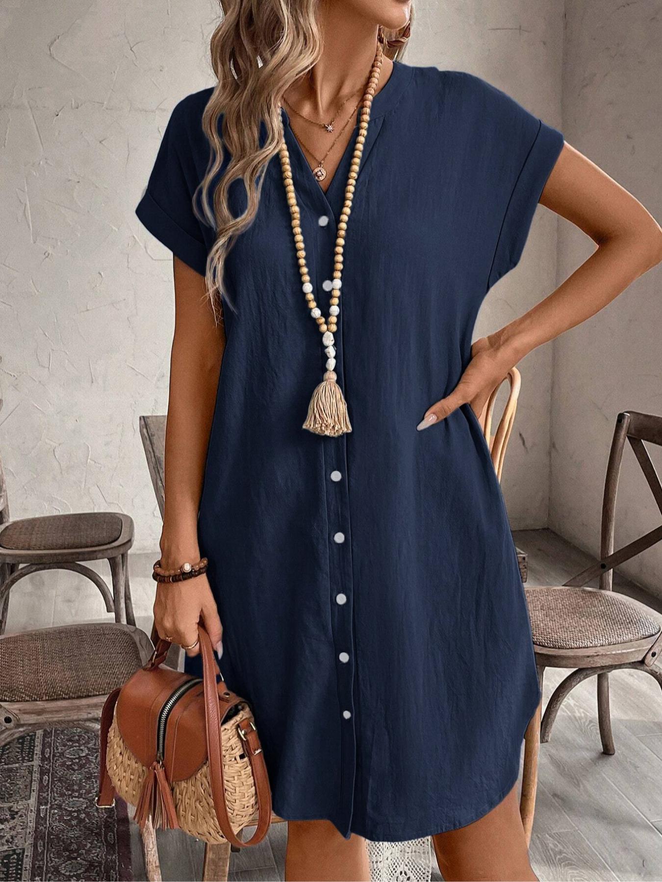 Women's Plain Notched Neck Batwing Sleeve Button Front Dress, Casual Short Sleeve Short Dress for Summer, Ladies Clothes for Daily Wear, Casual Everyday Wear