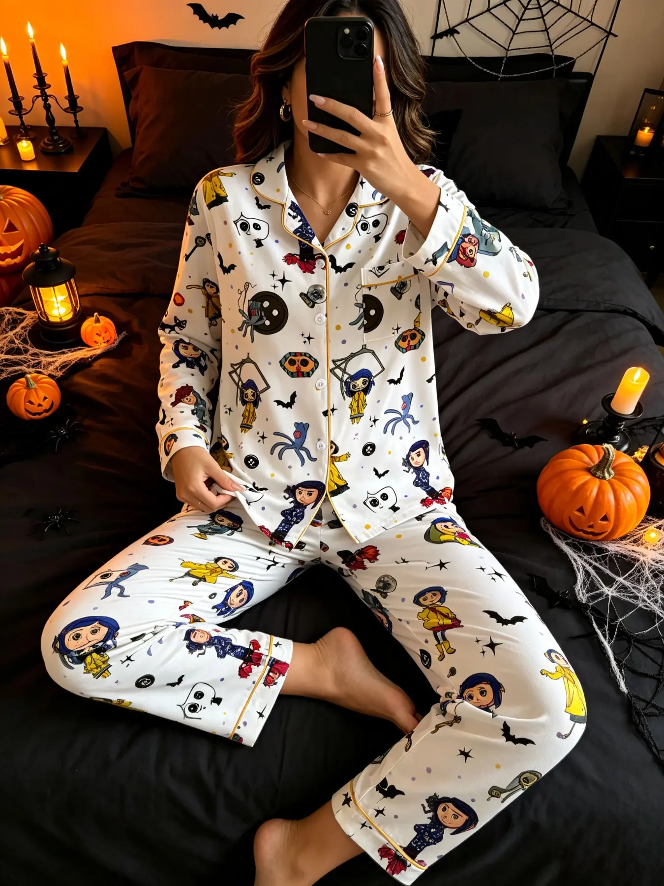 Cartoon Fantasy Girl Magic Girl Pajamas, Cat Print Women's Sleepwear Set, Casual Long Sleeve Button-Up Top and Elastic Pants, Halloween Theme