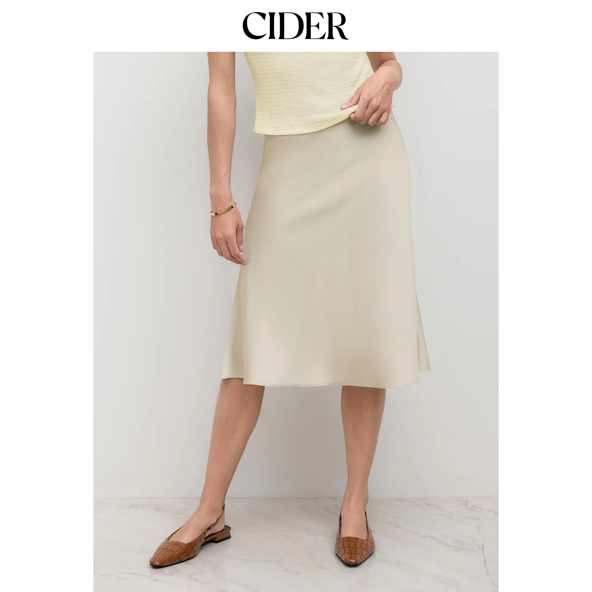 Cider Satin High Rise Ruffle Midi Skirt