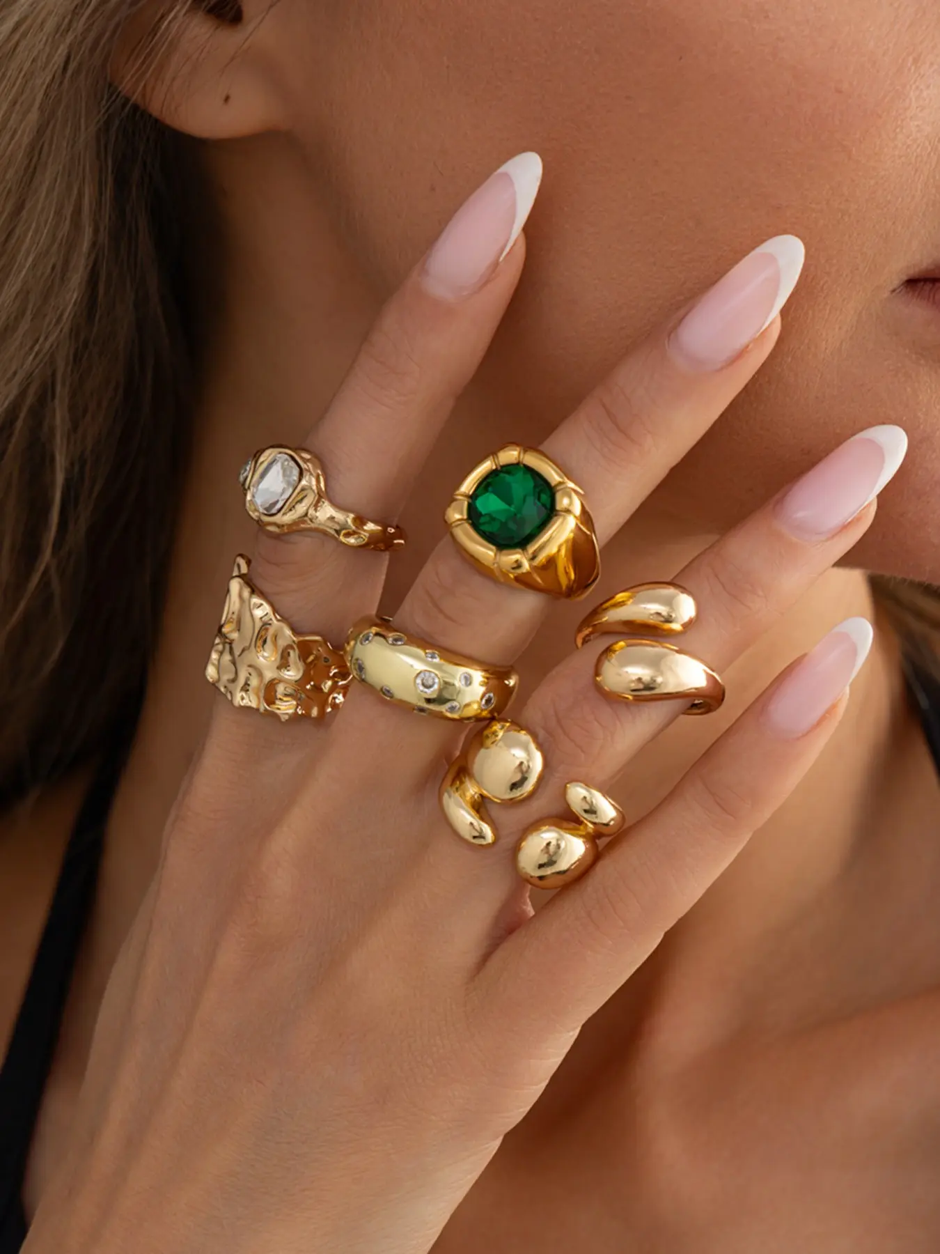 6-Piece Geometric Metal Ring Set with Artificial Gemstones, Liquid Fold Design, Rhinestone Stackable Open Rings, Perfect for Holidays and Daily Wear