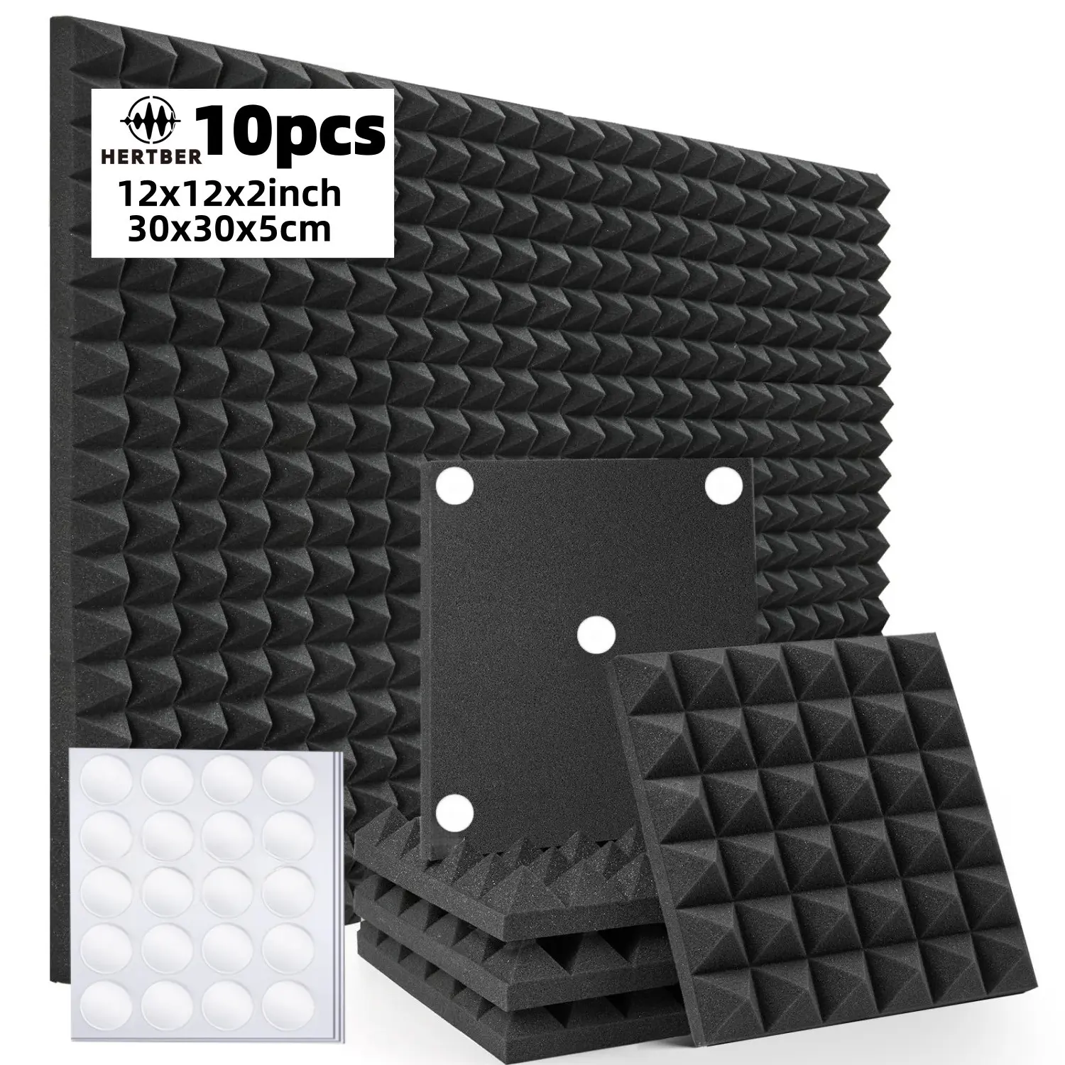 10Pcs 3D Pyramid Acoustic Foam Panels,30×30×5cm High‑Density Sound Absorbing Foam to Reduce Reverberation,With Adhesive Tapes,No Wall Damage,Ideal for Home Studio,Office,Door,Ceiling,Musical Recording,Live Streaming & Gaming Room Acoustic Noise Reduction