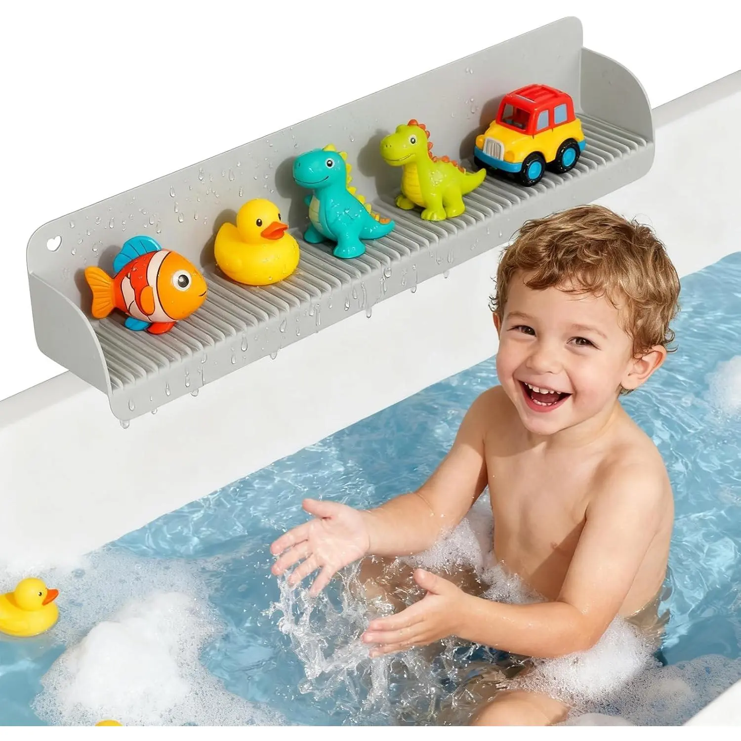 24-Inch Silicone Bath Tray - 10 Strong Suction Cups, Splash Guard, Toy Holder, Foldable Easy-Clean Design for Bathroom Water Spill Prevention, Grey