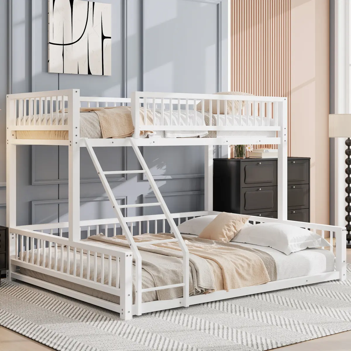 Twin XL Over Queen Floor Bunk Bed Frame with Detachable Ladder, Safety Guardrails, 250lbs Capacity, 87lbs Weight, Easy Assembly Required, White - 58.5'' Total Height, Upper Bed Dimension - 80''x38.9'', 82.3''L x 62.3''W x 58.5''H (Old SKU:N709P277756)