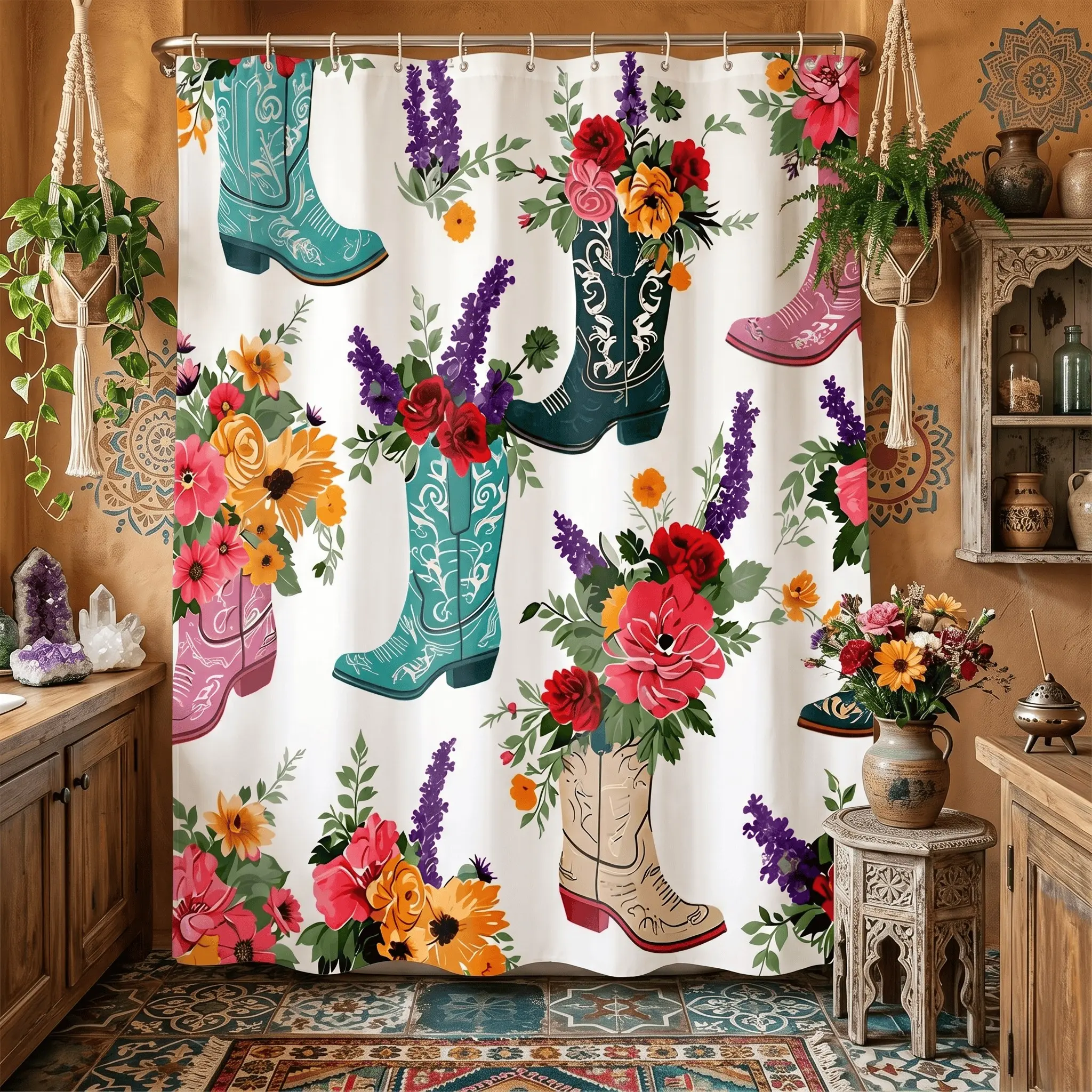 1pcs Vibrant Floral Western Boots Decorative Shower Curtain, Farmhouse Decor for Bathroom, Whimsical Cowboy Boot Art, Easter and Cottagecore Style Aesthetic Boho Home Gift