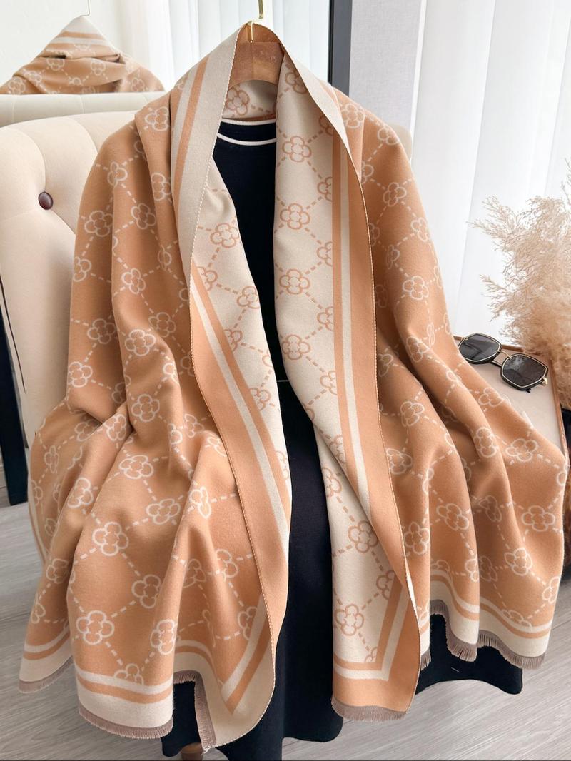 Boho Style All Over Pattern Tassel Decor Shawl, Casual Soft Warm Contrast Binding Blanket Scarf for Fall & Winter, Fashion Floral Print Scarf for Women & Men, Gifts for Her, Gifts for Wife