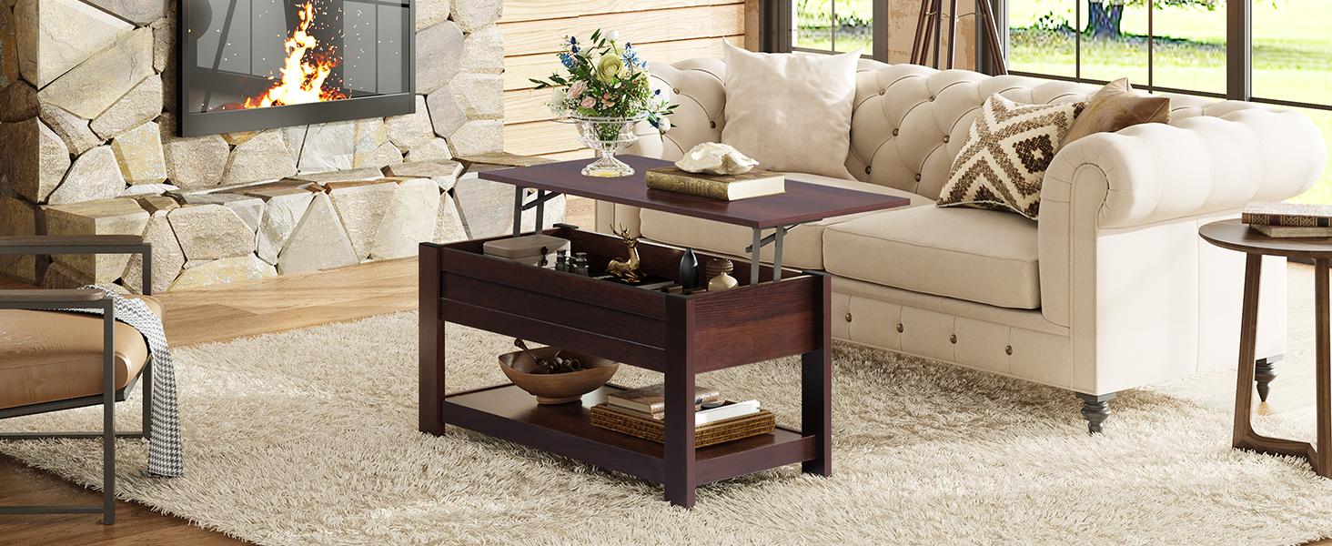 Coffee Table, 39" Lift Top Coffee Table with Hidden Compartment, Storage Shelf and Lifting Top for Home Living Room, Office and Bedroom, Red-Brown