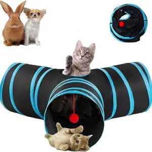 Y-shaped porous cat tunnel, 3-way foldable play tunnel with interactive cat teaser wand, peekaboo holes and toy balls, small pet toy for cats and rabbits, sturdy, durable and easy to store cat tunnel