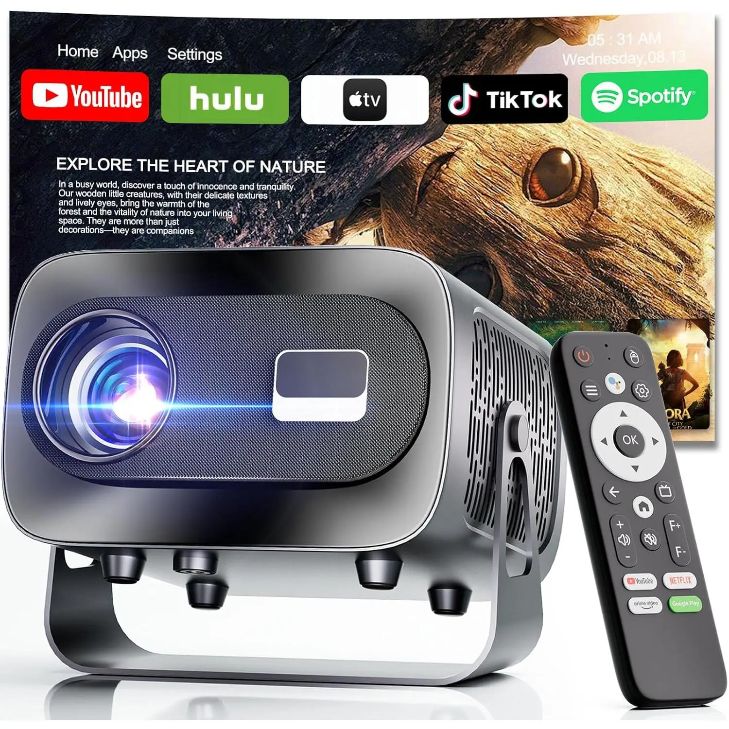 Projector with WiFi and , Electric Focus & Vertical , 1080P  4K Support,  Projector with -in Streaming Apps, Portable Projector for Outdoor &  Movie