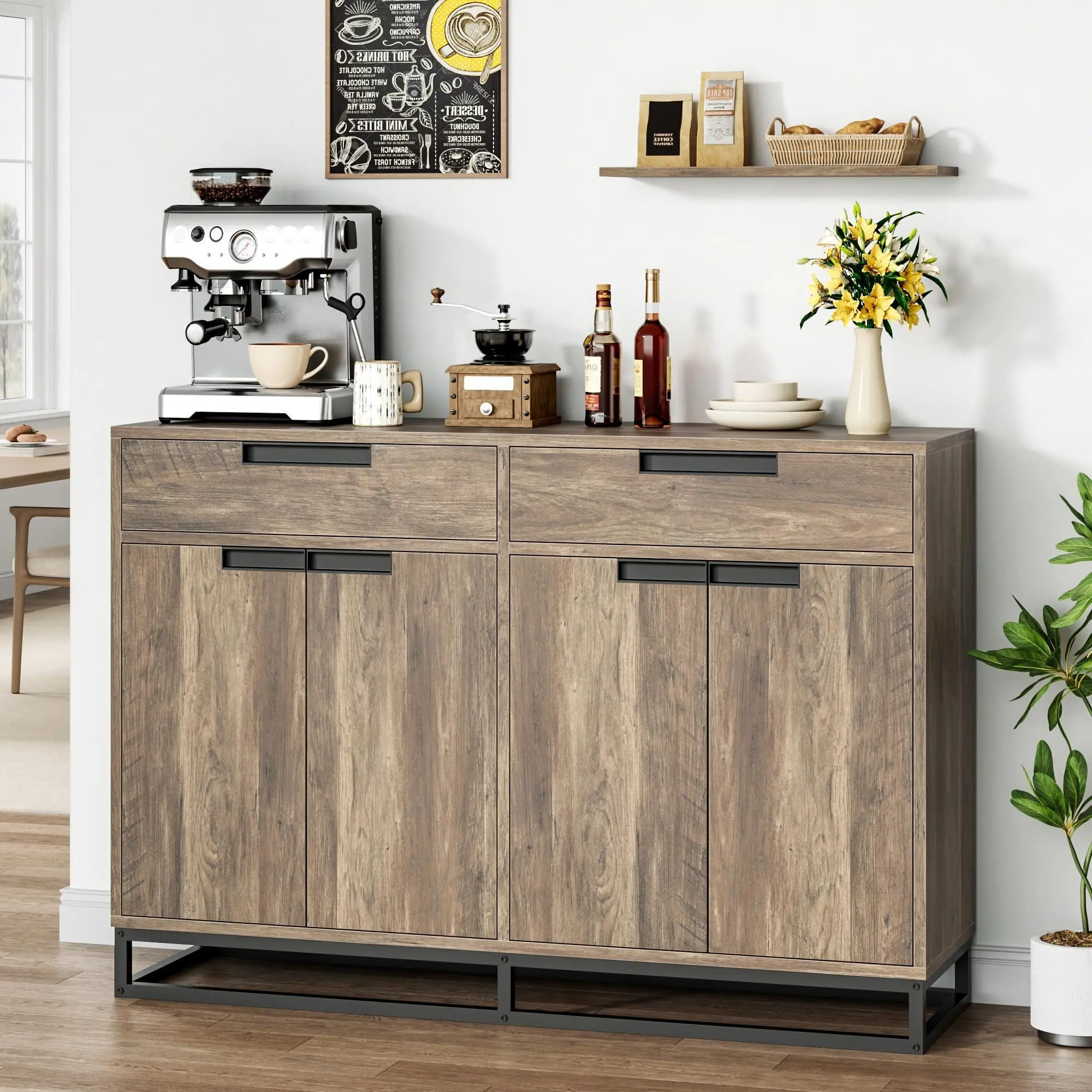 GARVEE 55-Inch Brown Modern Rustic Kitchen Buffet Cabinet - Console Table with 2 Drawers, 4 Doors, Adjustable Storage, Simplified Coffee Bar for Kitchen, Dining Room