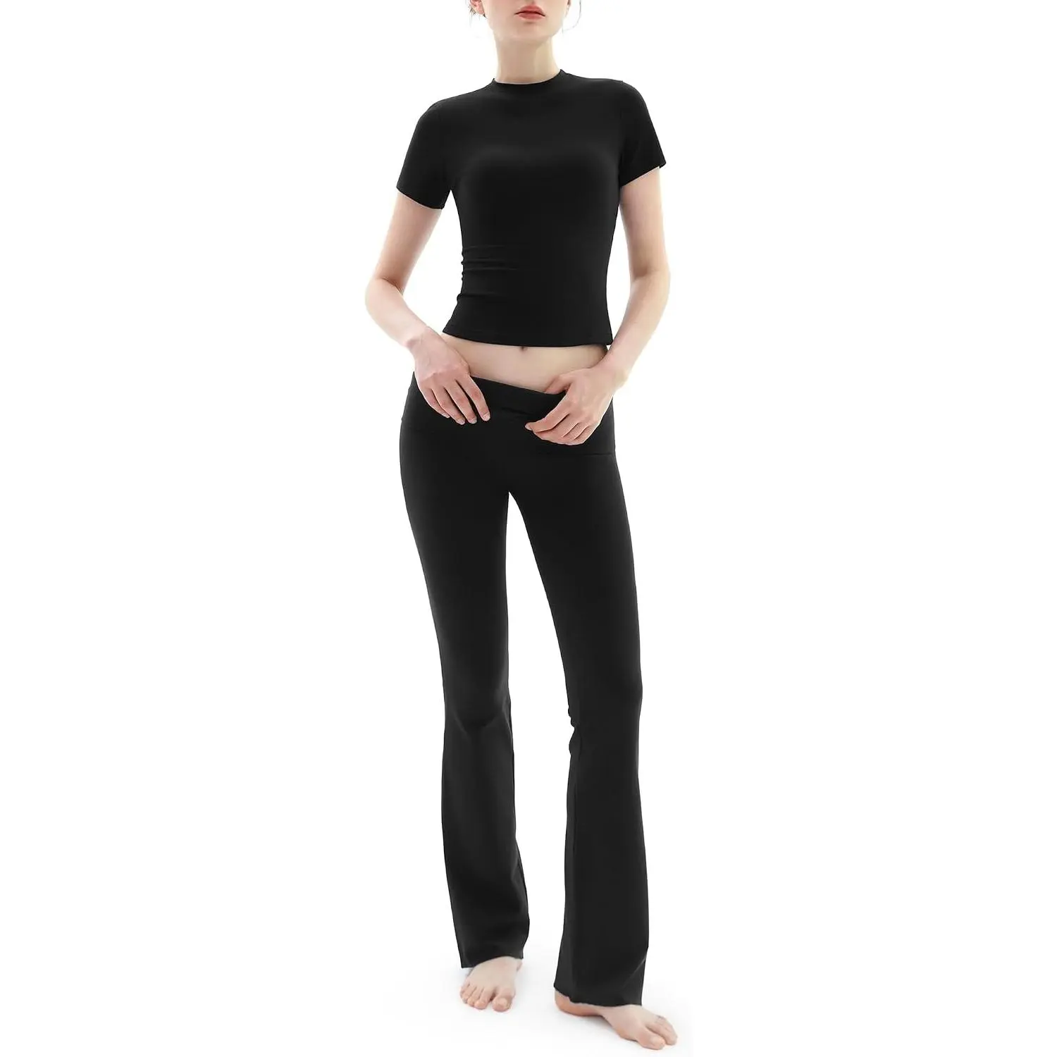 Women's 2-Piece Minimalist Loungewear Set - Short Sleeve Top with Jacket-Inspired Design, Fold-Over Flare Leggings, Matching Simple Fabric Slim-Fit Outfits for Napping, Party, Shortsleeve