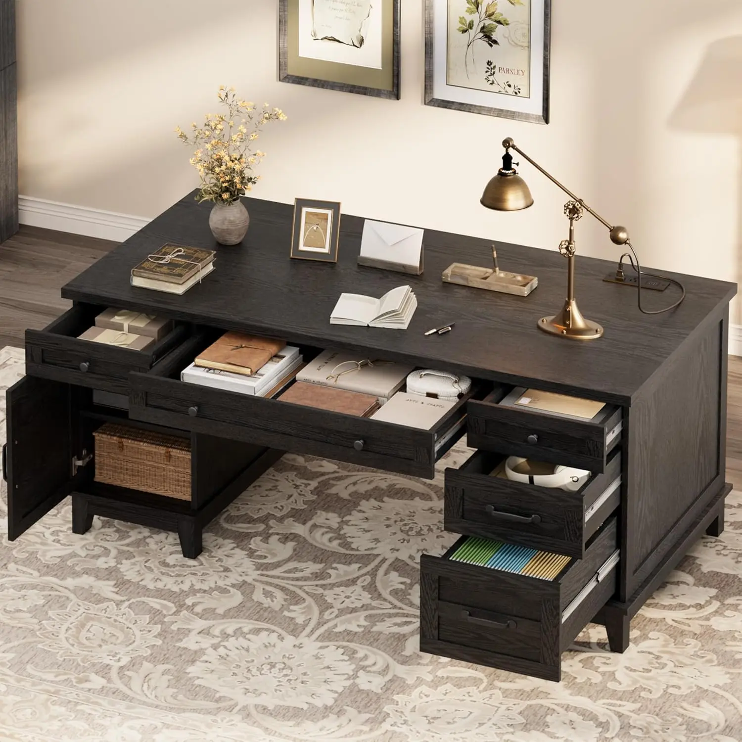 GAOMON 60-in Double Desk for 2 People - Engineered Wood Office Desk with Charging Station, USB Ports, File Drawers, Adjustable Shelves, Easy Setup, Modern Brown Home Office Furniture, 60X21x30"
