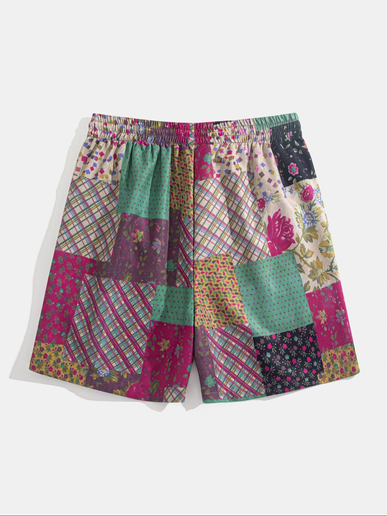 Men's Patchwork Print Shorts, Casual Streetwear Shorts, Casual Comfy Loose Fit Drawstring Shorts for Summer, Men's Bottoms for Beach Vacation